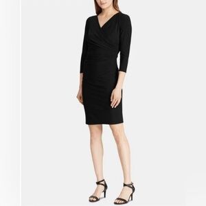 Lauren Ralph Lauren Black 3/4 Sleeve, V Neck, Ruched, Faux Wrap Dress Women’s 10